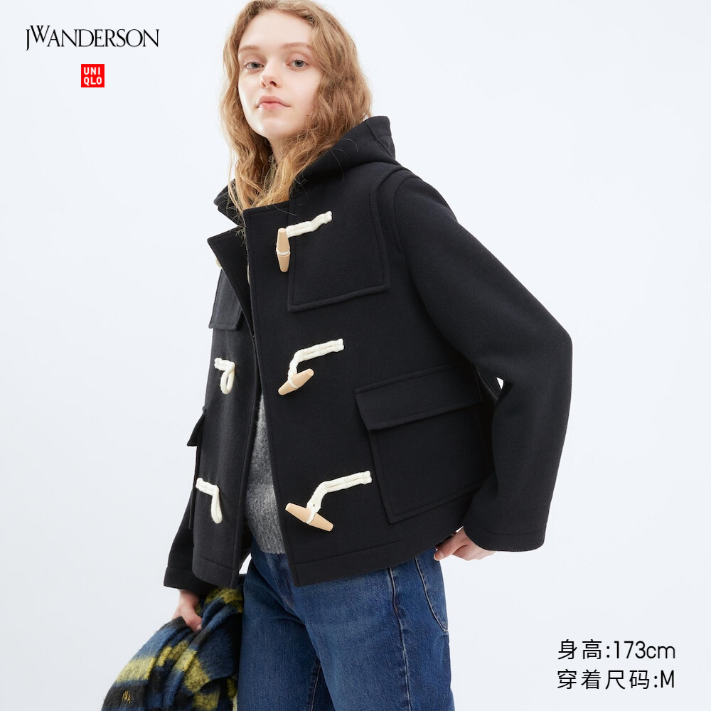 

Пальто Uniqlo JWA короткое полушерстяное с капюшоном, черный