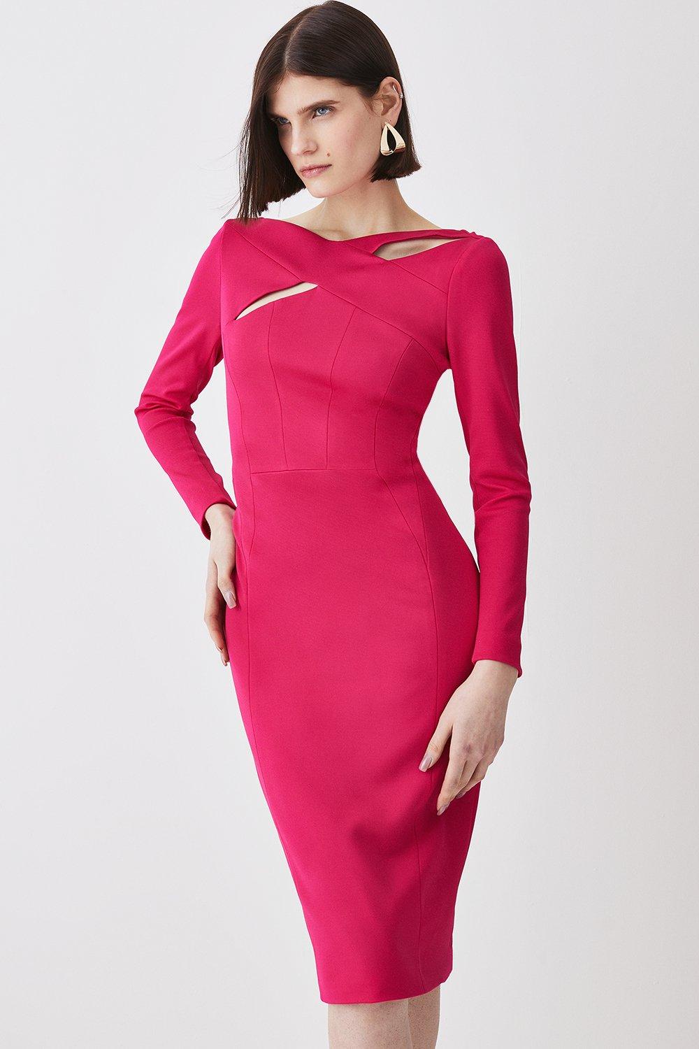 цена Итальянское структурированное платье-миди в рубчик с перекрестием Karen Millen, розовый