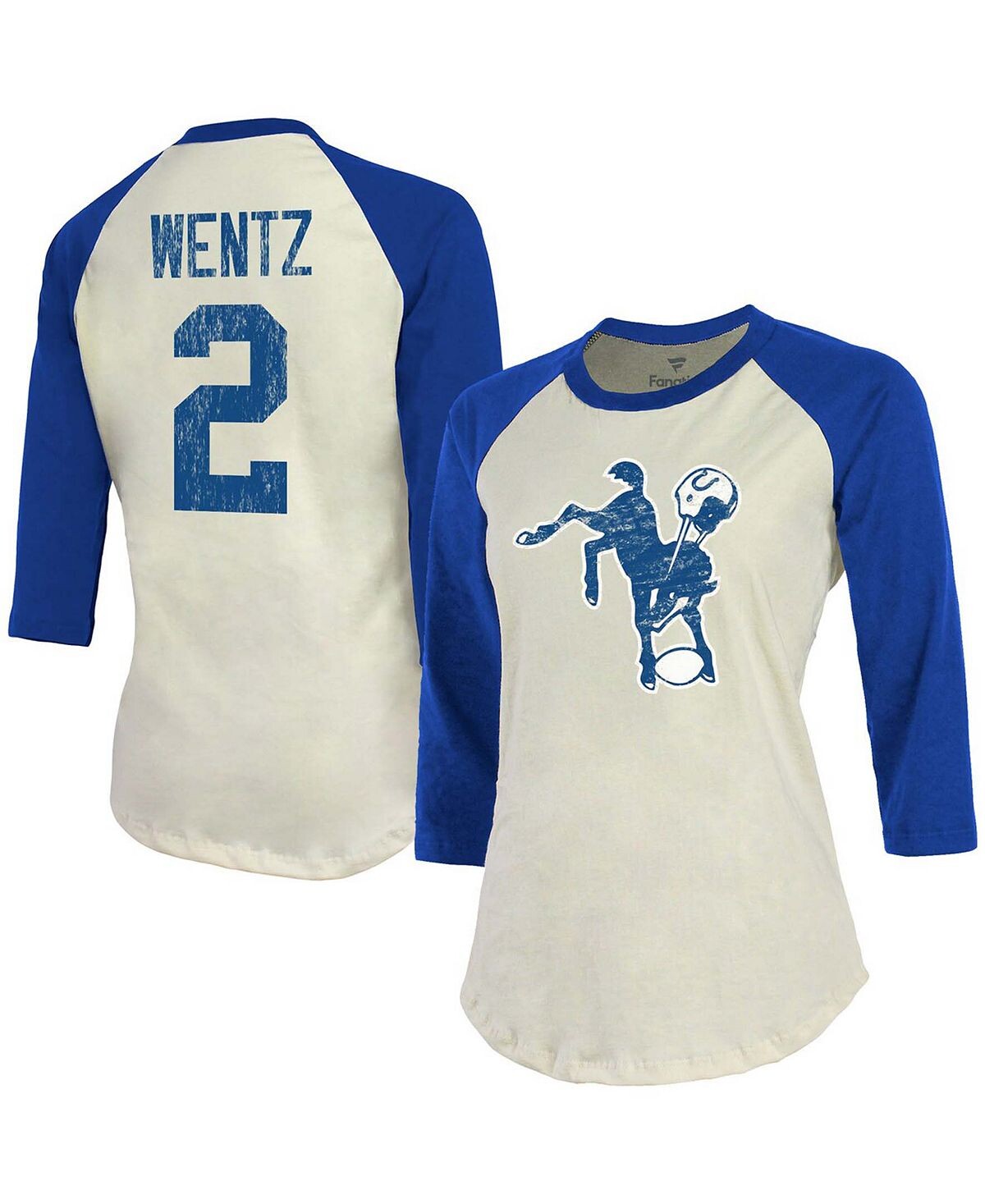 

Женская футболка Carson Wentz Cream, Royal Indianapolis Colts с именем игрока и номером реглан с рукавами 3/4 Fanatics