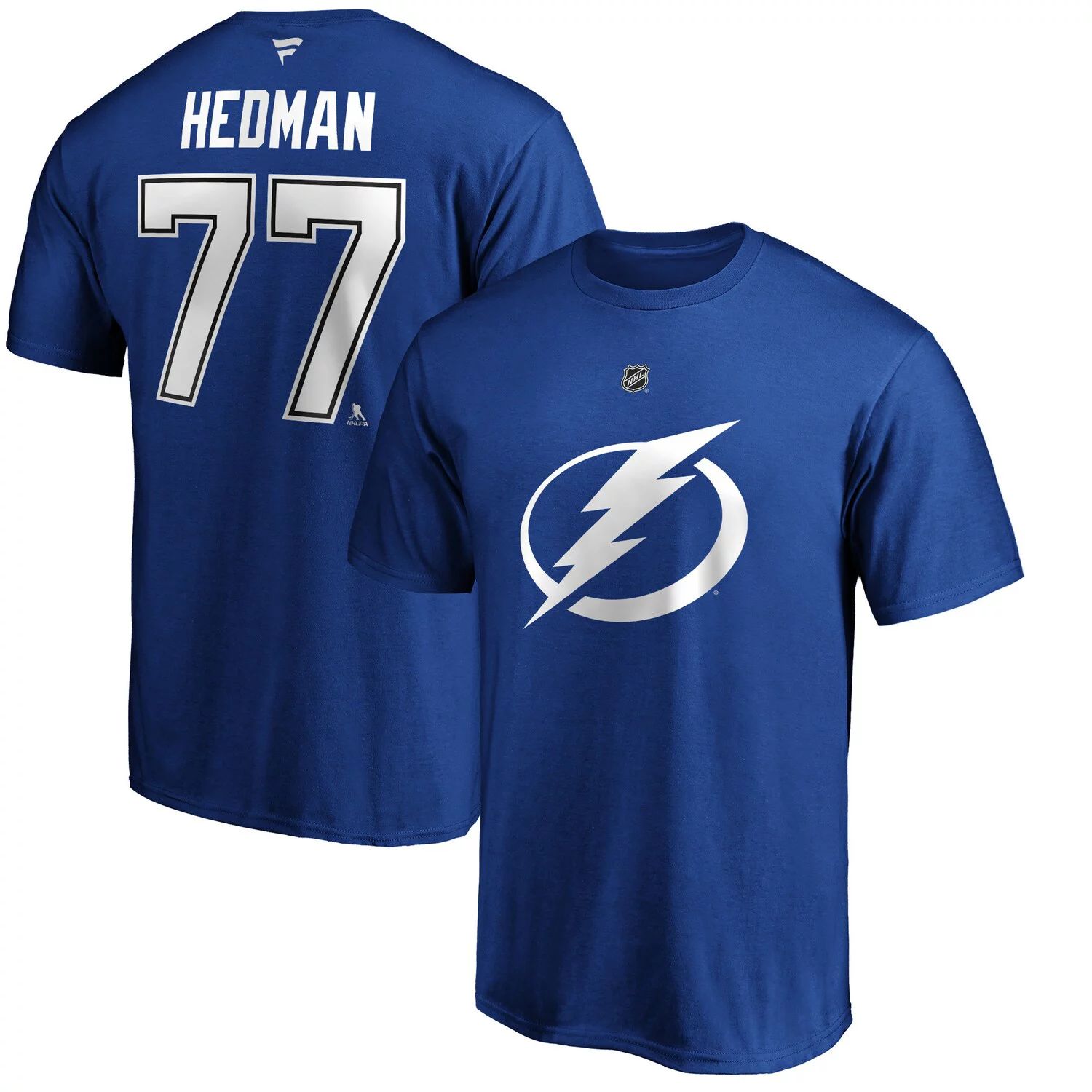 Мужская синяя фирменная футболка с именем и номером Tampa Bay Lightning Victor Hedman Fanatics