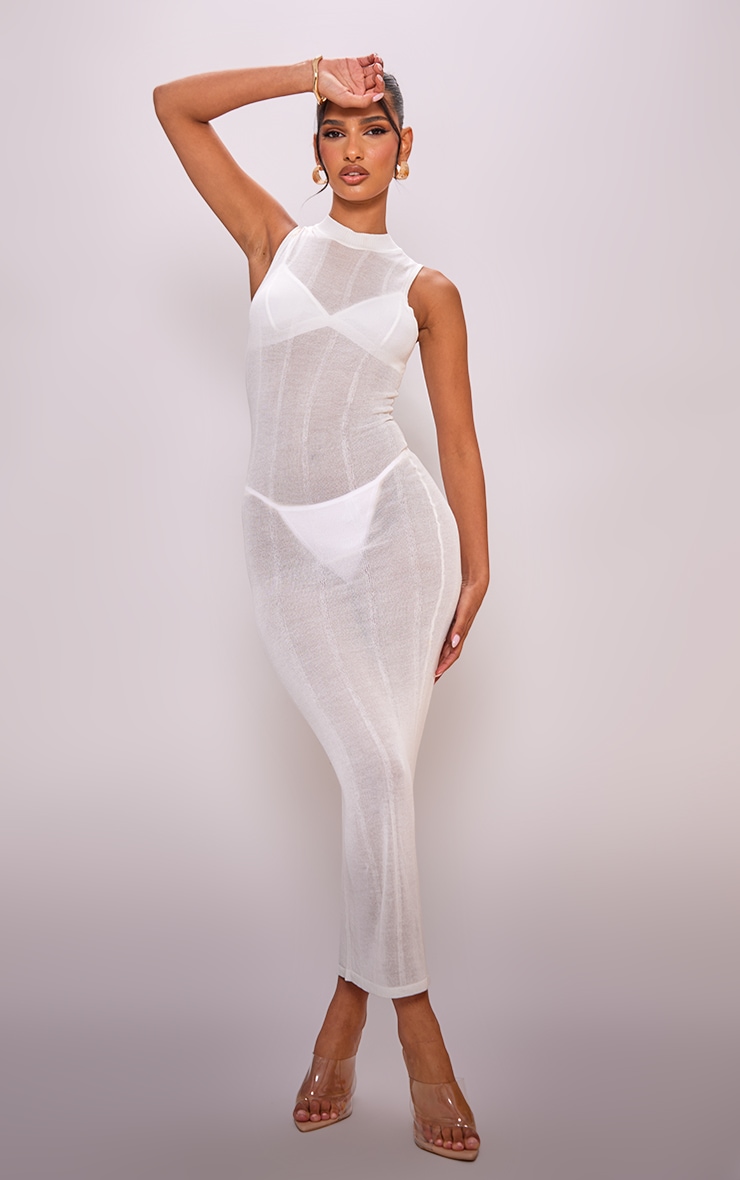 цена PrettyLittleThing Белое прозрачное трикотажное платье макси без рукавов