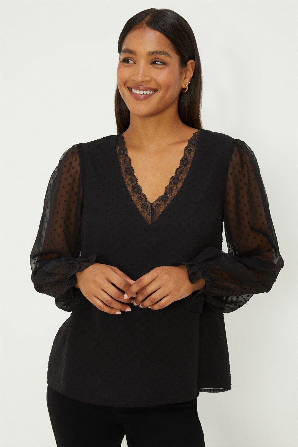Шифоновая блузка с длинными рукавами Добби Dorothy Perkins, черный