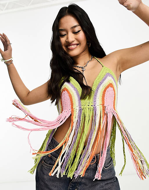 

Радужный топ с бретельками крючком и бахромой ASOS DESIGN