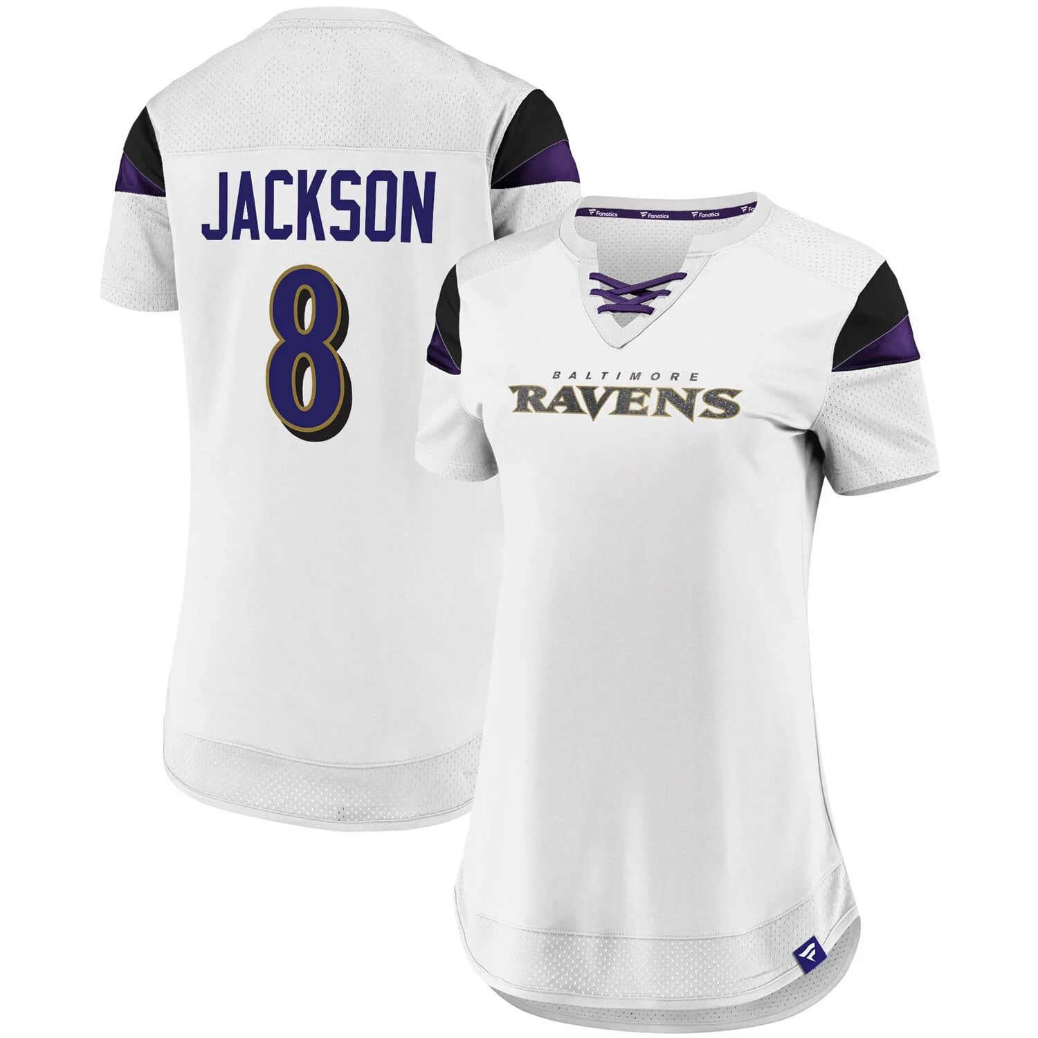 

Женский модный топ с именем и номером Fanatics Lamar Jackson белого цвета Baltimore Ravens Athena Fanatics