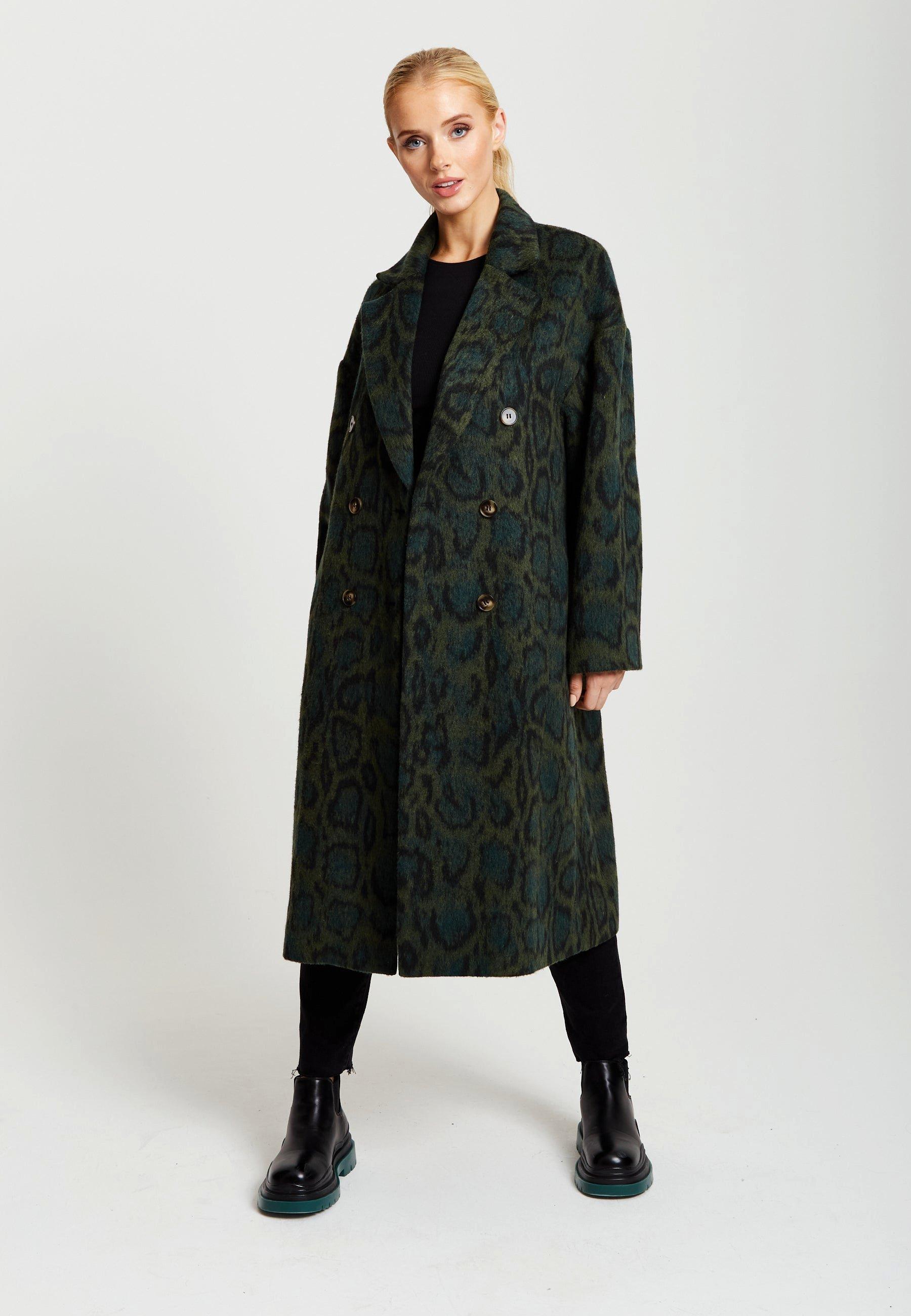 Длинное пальто цвета хаки с леопардовым принтом Liquorish, хаки пальто с леопардовым принтом