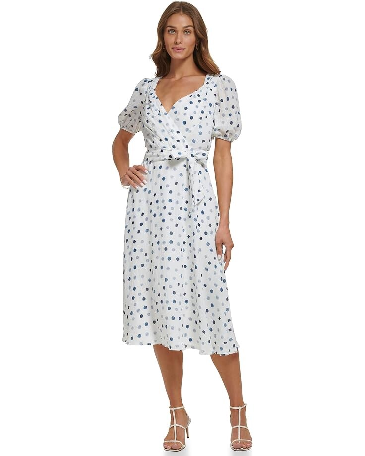 

Платье DKNY Short Sleeve Balloon Sleeve Faux Wrap, цвет Silver Cloud/Twilight