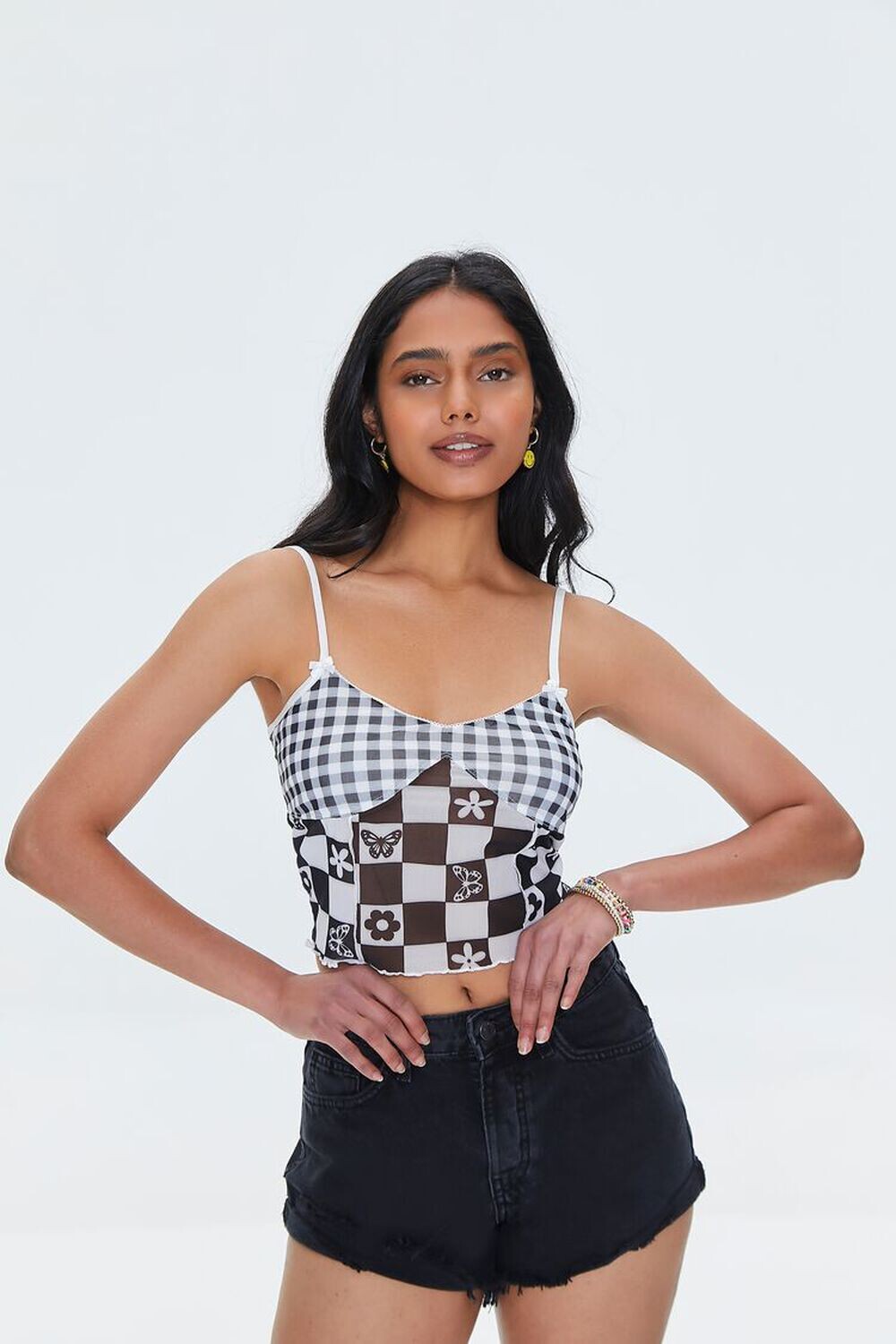 

Комбинированная клетчатая сетчатая майка Forever 21, черный
