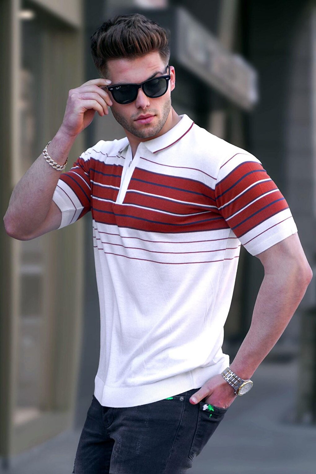 цена Мужская белая футболка на молнии с воротником-поло 5733 MADMEXT