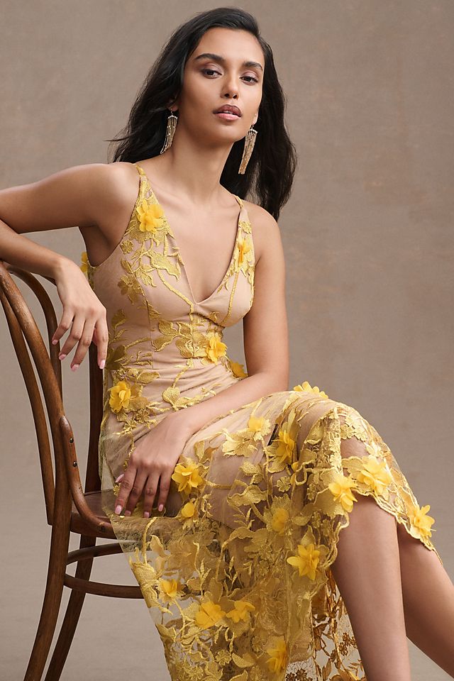 Платье Dress The Population кружевное расклешенное, желтый цена и фото