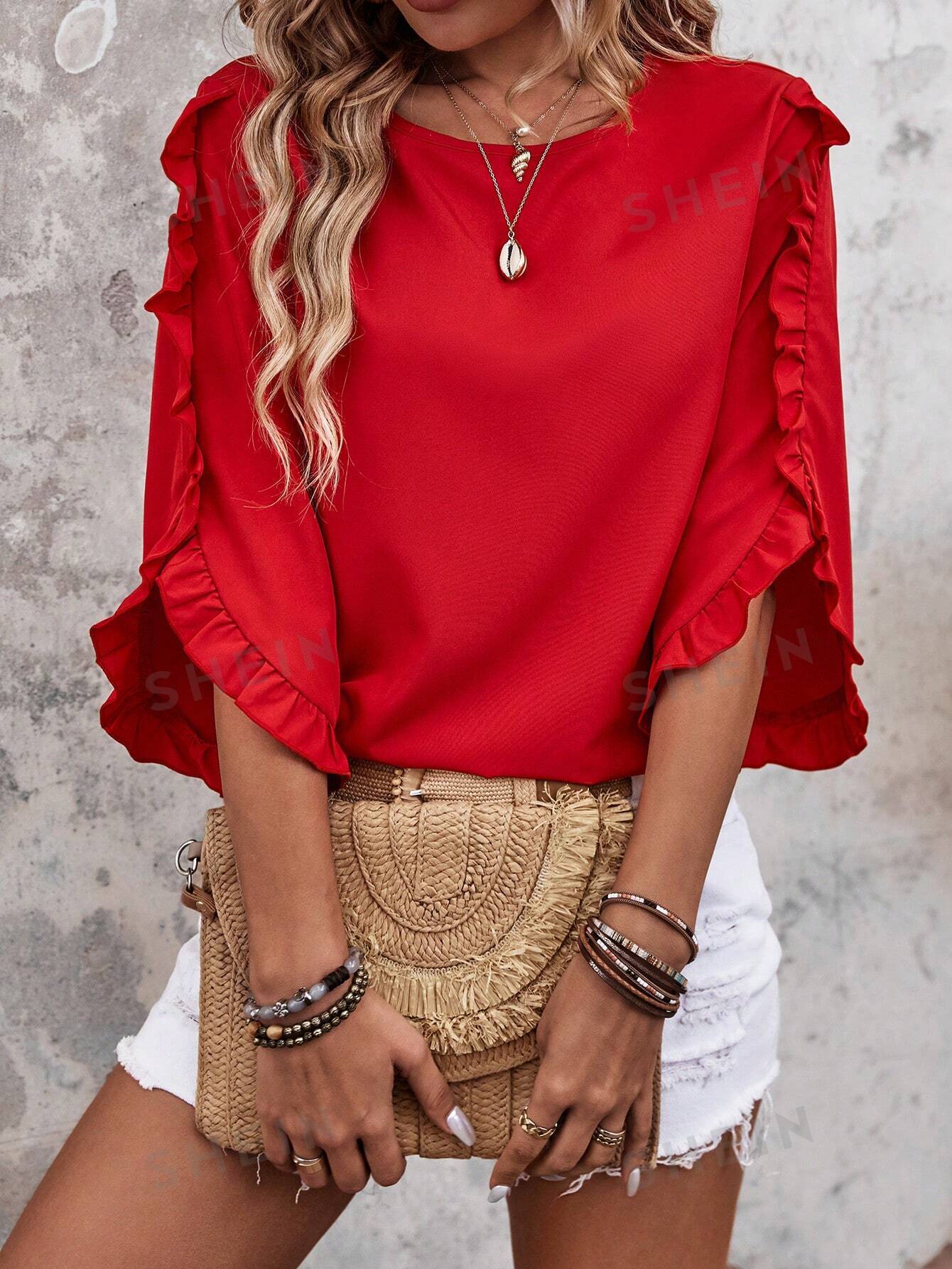 цена SHEIN LUNE Повседневная однотонная декоративная блузка с круглым вырезом и рюшами, красный