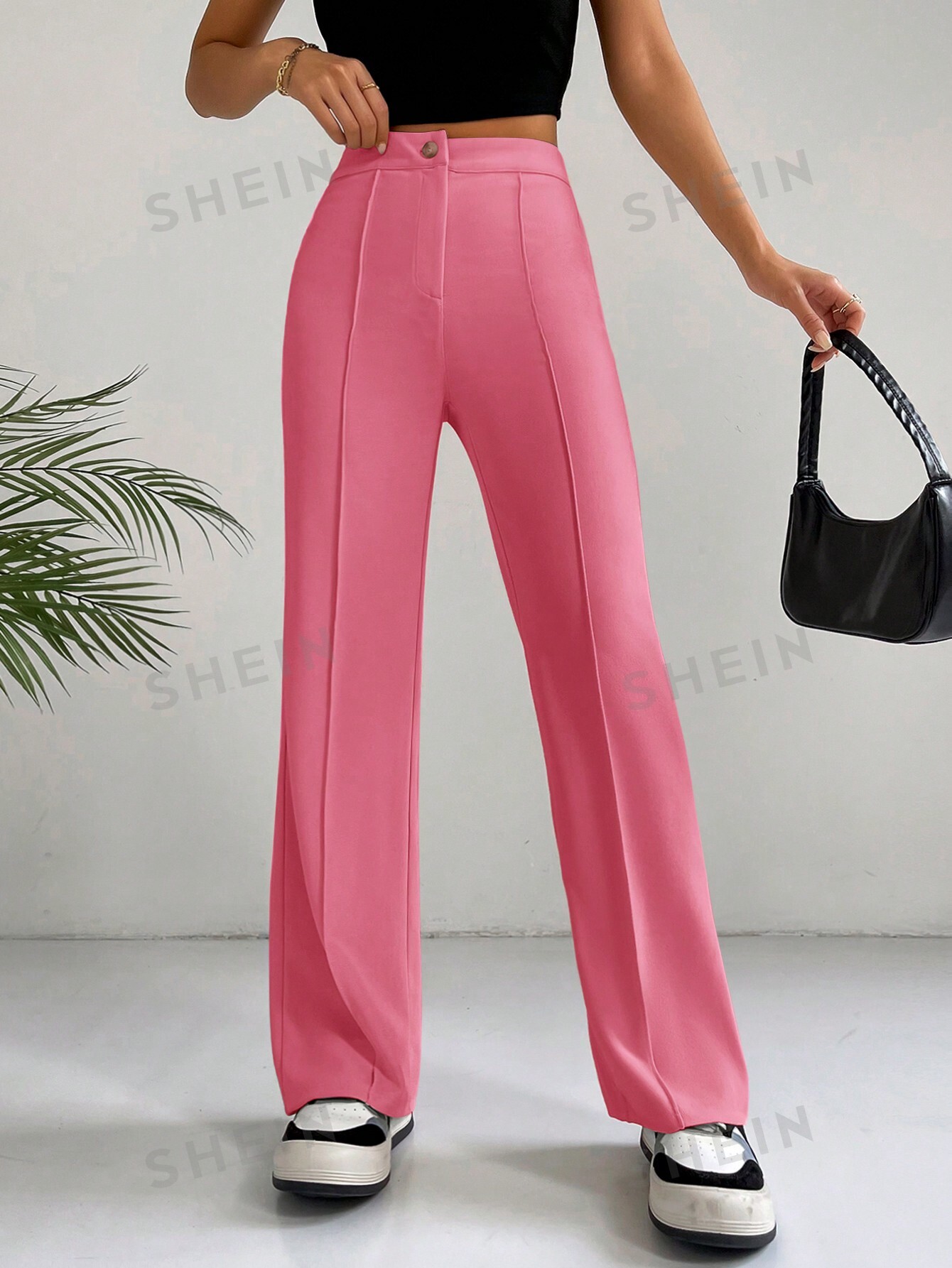 цена SHEIN EZwear Однотонные широкие брюки для повседневной, ярко-розовый