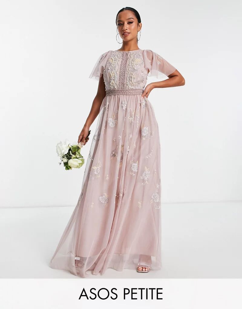 Длинное розовое платье подружки невесты ASOS DESIGN Petite со струящимися рукавами, цветочной вышивкой и декором из жемчуга и бисера