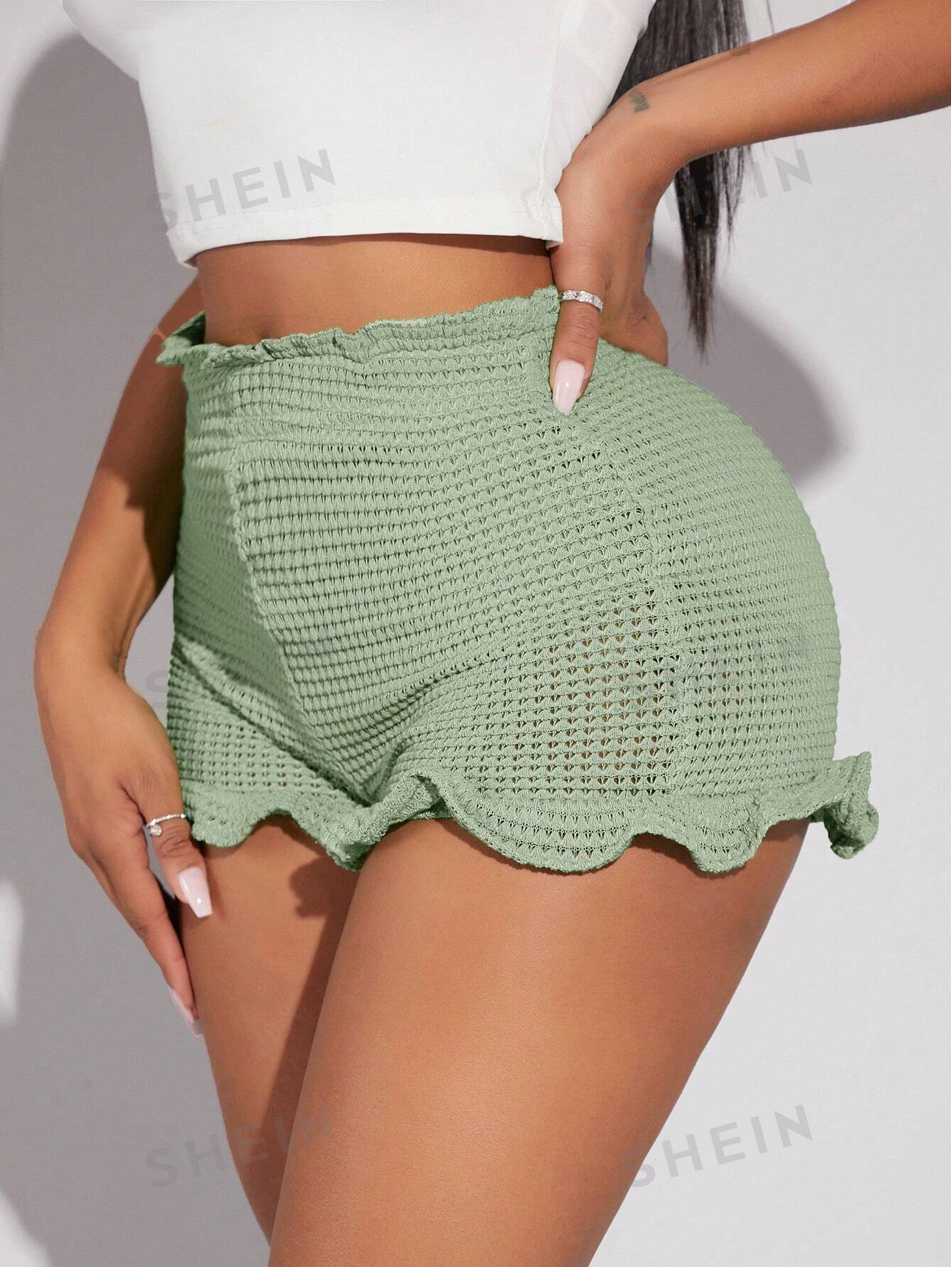 SHEIN SXY Однотонные шорты с оборками, мятно-зеленый цена и фото