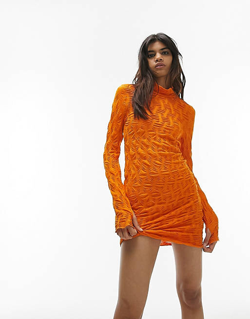 

Оранжевое платье мини с длинными рукавами из фактурного джерси Topshop