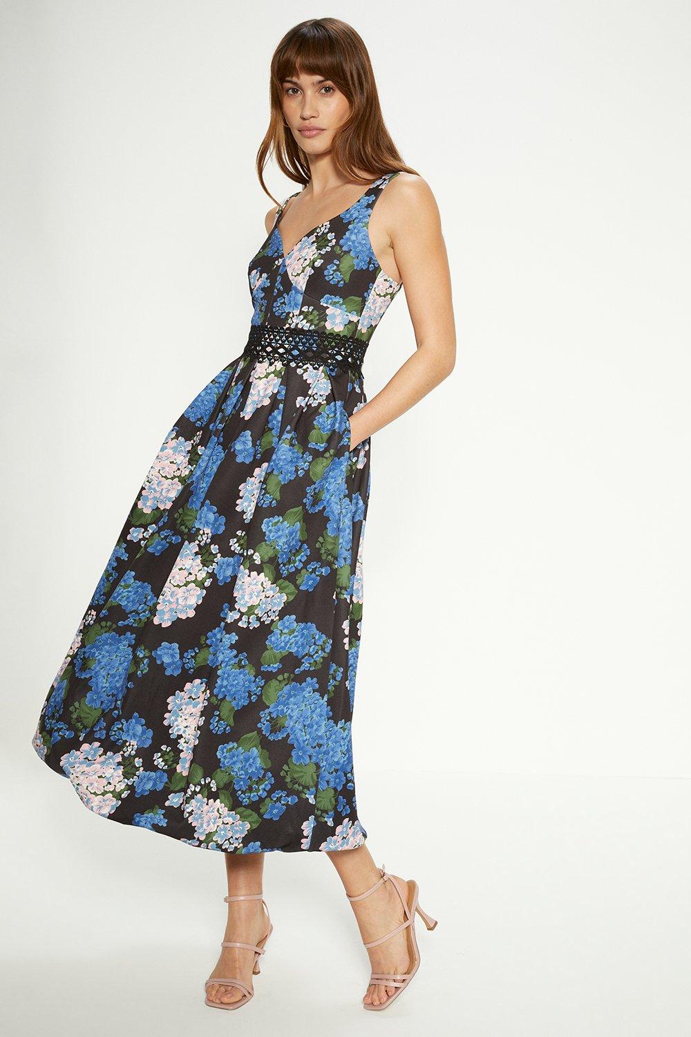 Платье миди с цветочным принтом и кружевом с аквалангом Oasis, синий