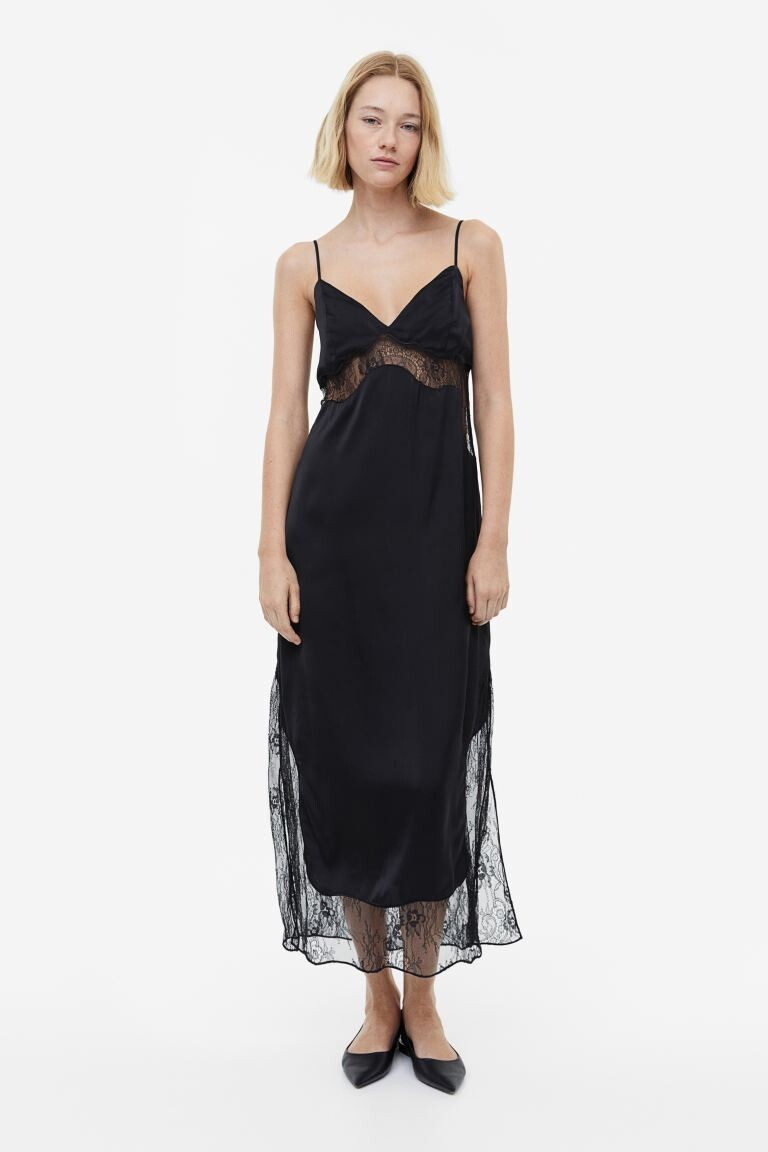 

Атласное платье с кружевной отделкой и бретелями H&M