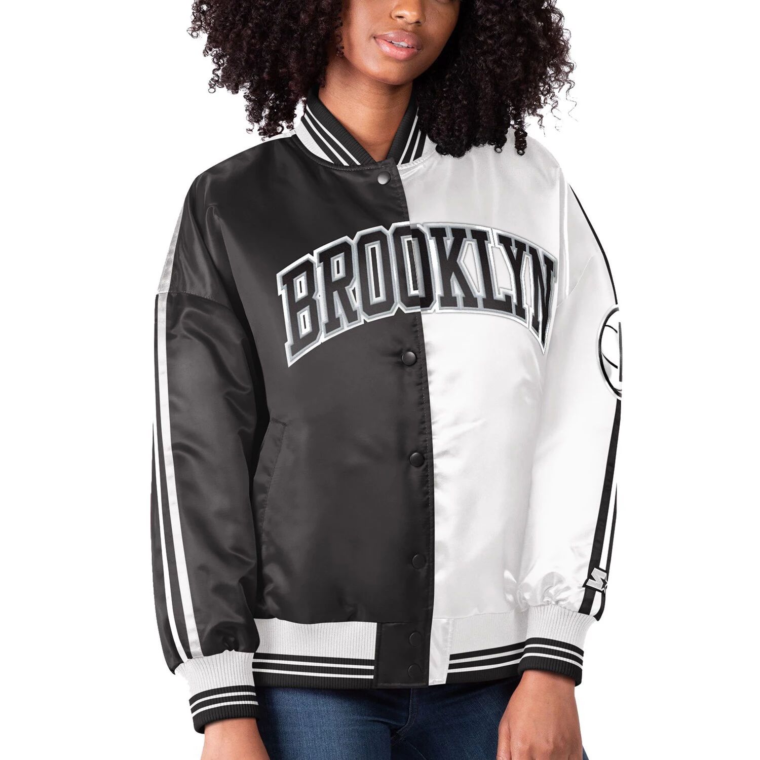 Женская базовая черно-белая университетская куртка Brooklyn Nets с разрезом и цветными блоками, атласная университетская куртка с длинными кнопками Starter мужская белая атласная университетская куртка с длинными кнопками mitchell