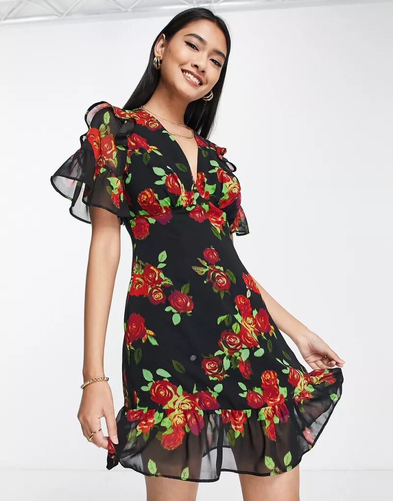 Черное чайное платье мини с принтом роз Topshop