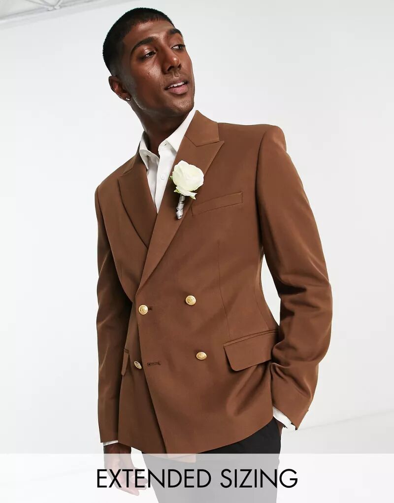 цена Шоколадный двубортный приталенный пиджак с золотыми пуговицами ASOS Wedding