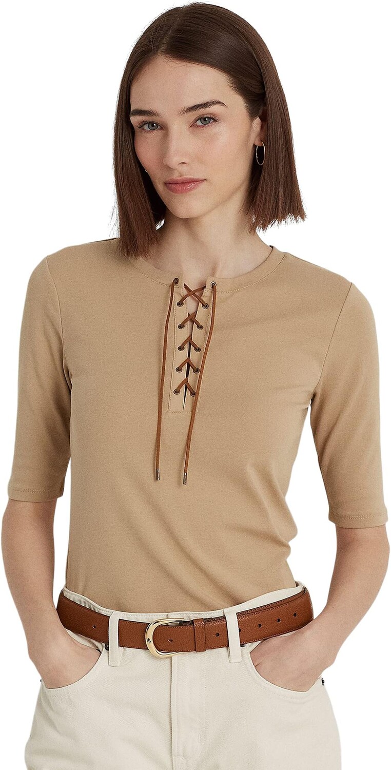 

Футболка из эластичного хлопка со шнуровкой LAUREN Ralph Lauren, цвет Birch Tan
