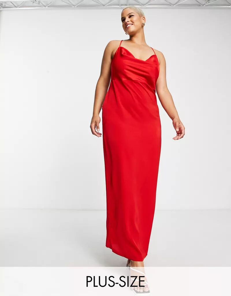 Красное атласное платье макси с воротником-хомутом NaaNaa Plus
