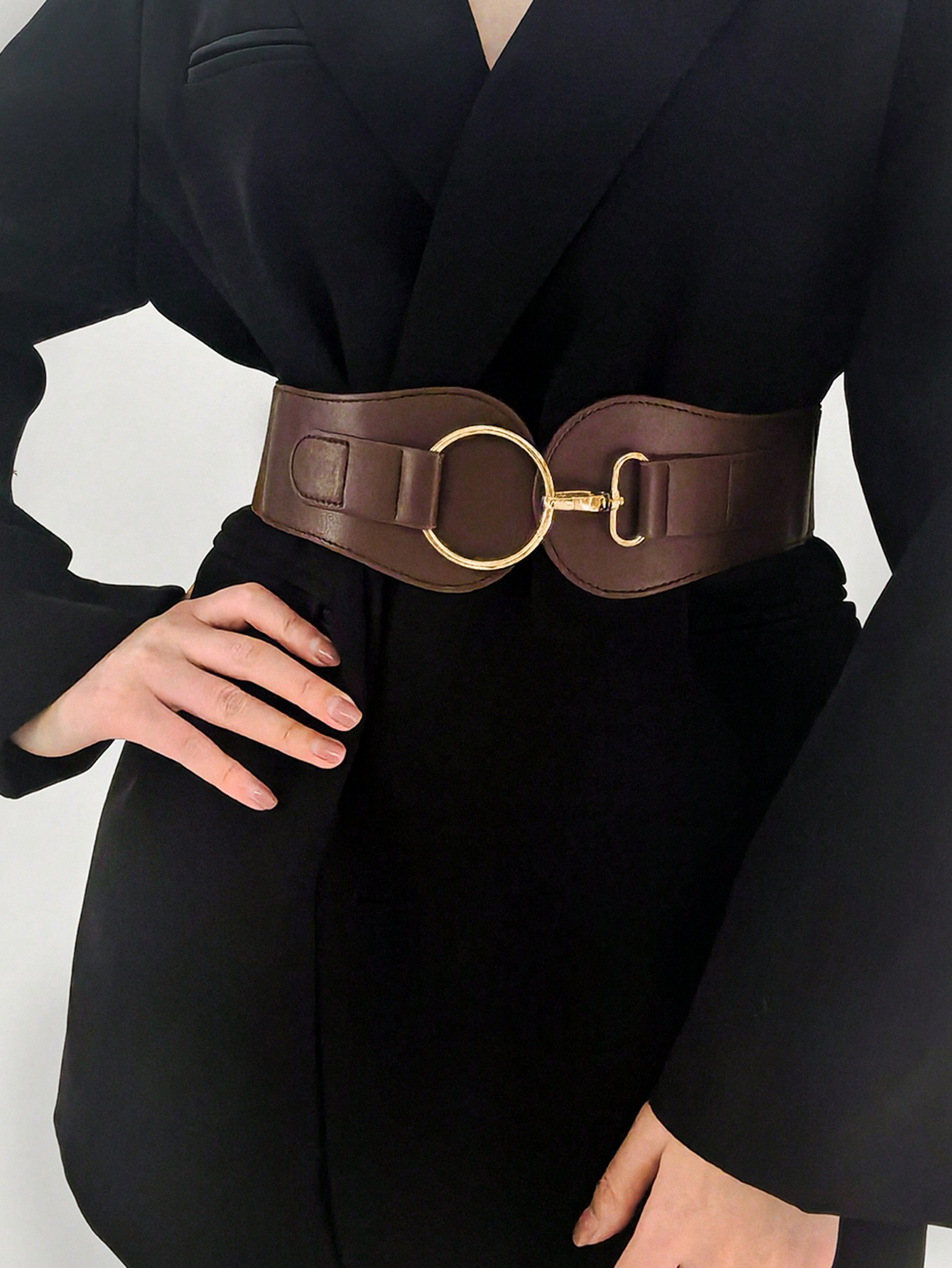 1шт женский черный модный широкий ремень с металлической пряжкой для украшения платья, кофе