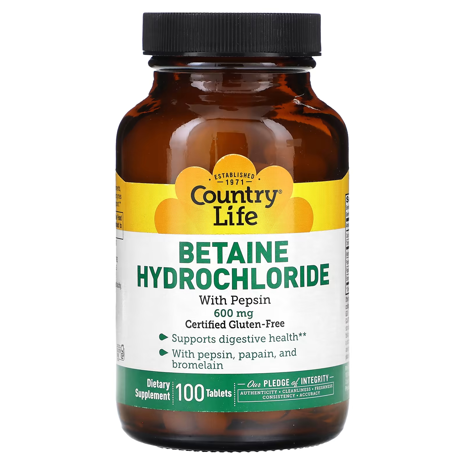 Пищевая добавка Country Life Бетаина гидрохлорид с пепсином 600 мг, 100 таблеток