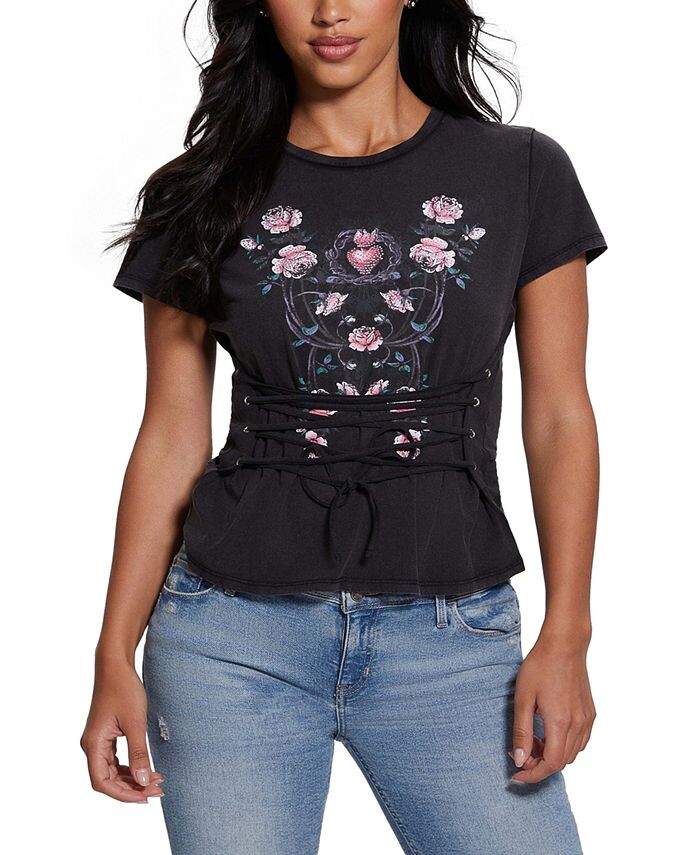 

Женская футболка Rocker Rose Heart на шнуровке GUESS, черный