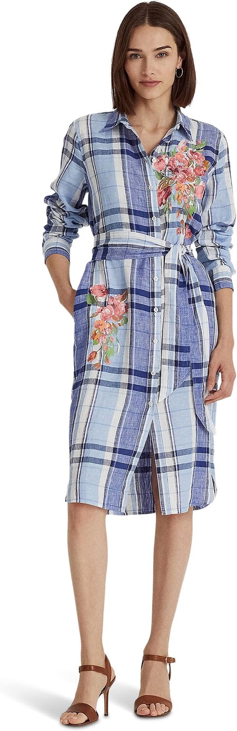 

Льняное платье-рубашка в цветочек и клетку LAUREN Ralph Lauren, цвет Blue/White