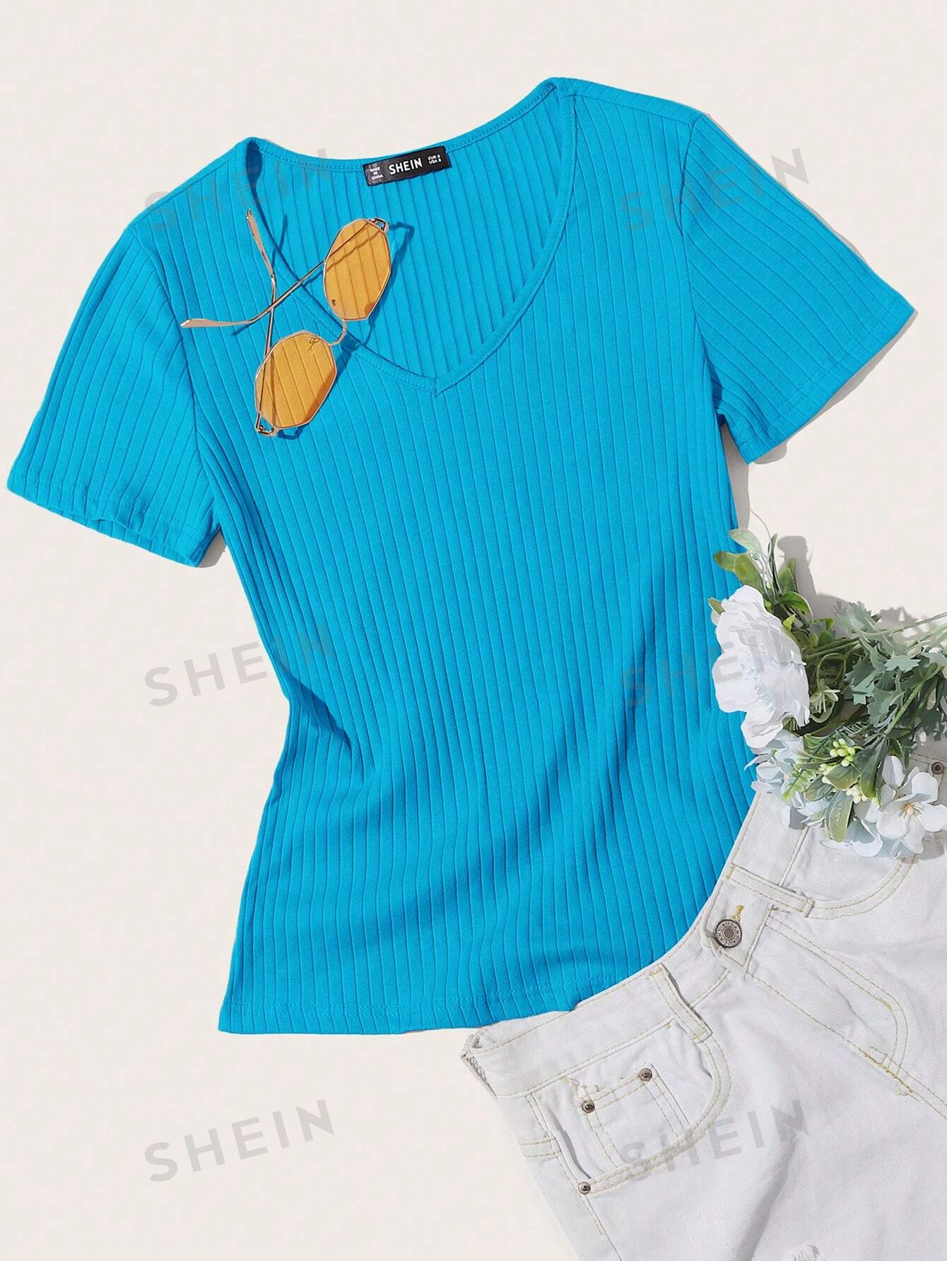 SHEIN Essnce однотонная повседневная трикотажная футболка в рубчик с короткими рукавами, синий новинка 2023 лидер продаж женская повседневная модная одежда в наличии с v образным вырезом и длинными рукавами