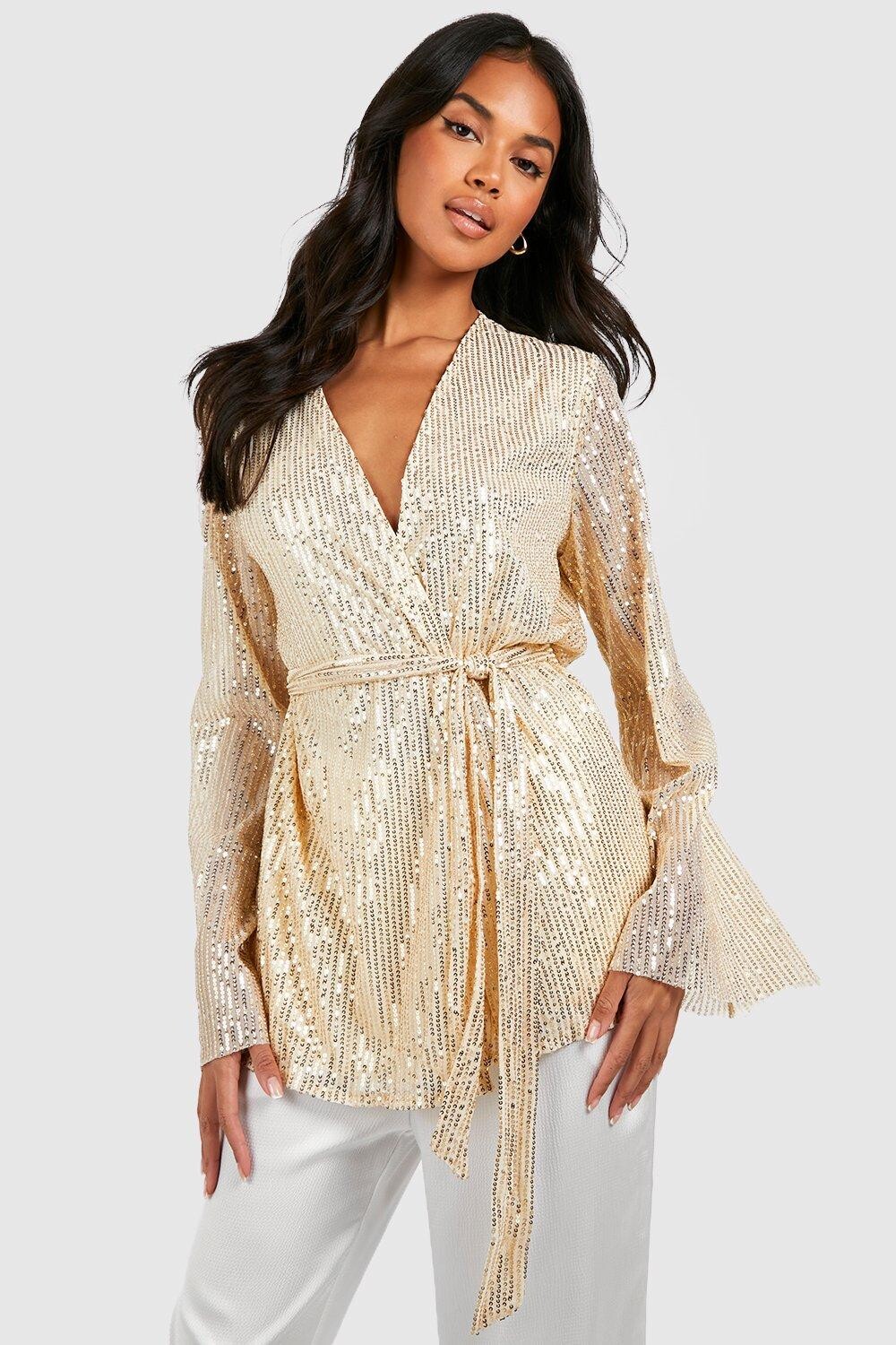 

Блузка с пайетками и рукавами на запахе Boohoo, золотой