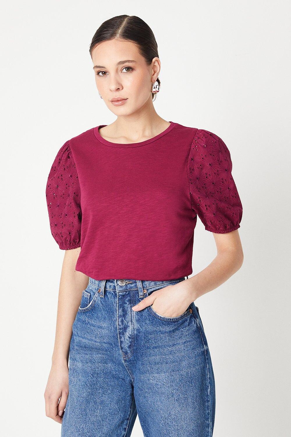 

Футболка Broderie с объемными рукавами Dorothy Perkins, розовый