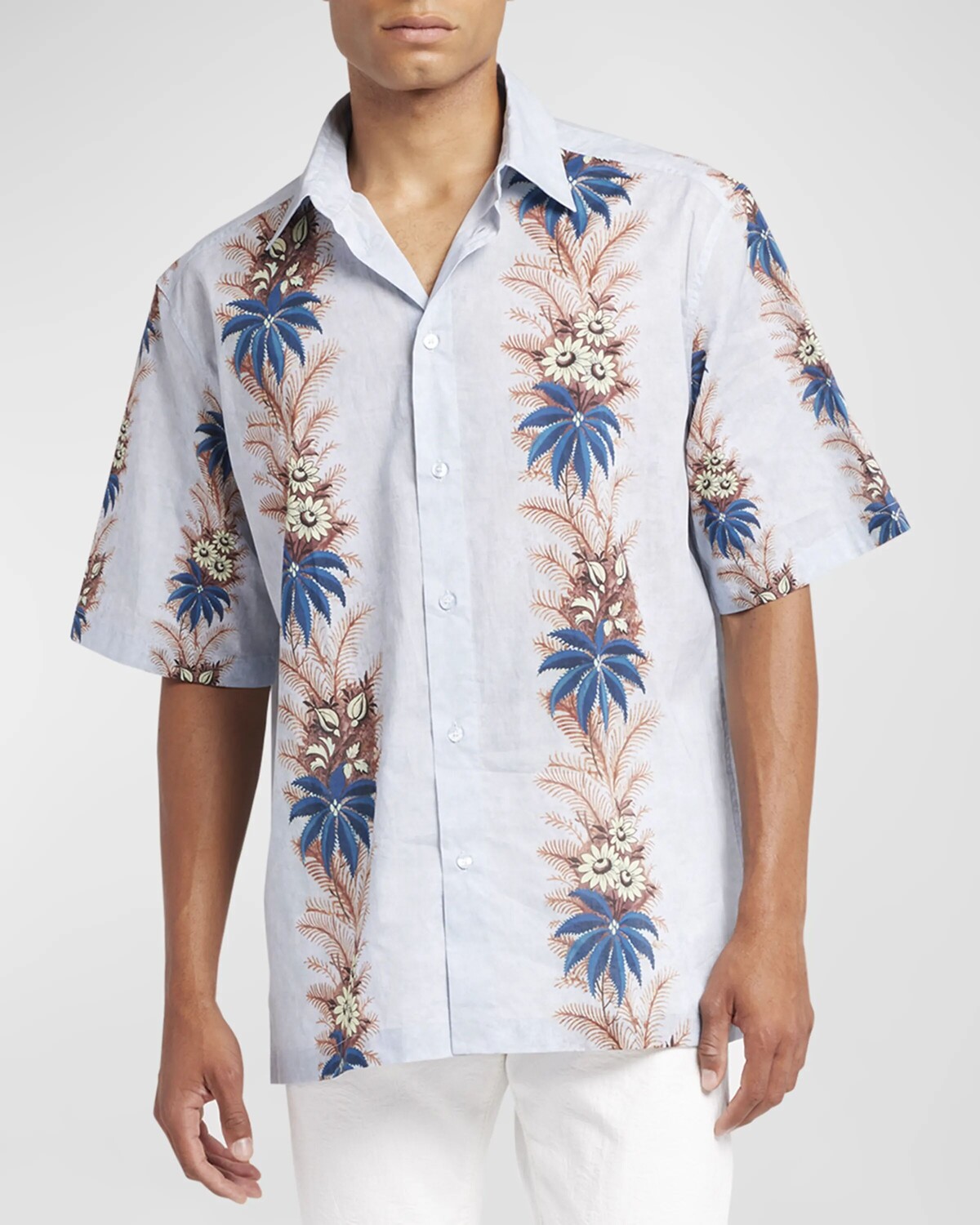

Мужская рубашка на пуговицах в цветочную полоску Etro, цвет Print On Pale Blue B