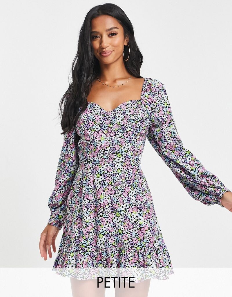 

Чайное мини-платье Miss Selfridge Petite с корсетом, оборками и цветочным принтом