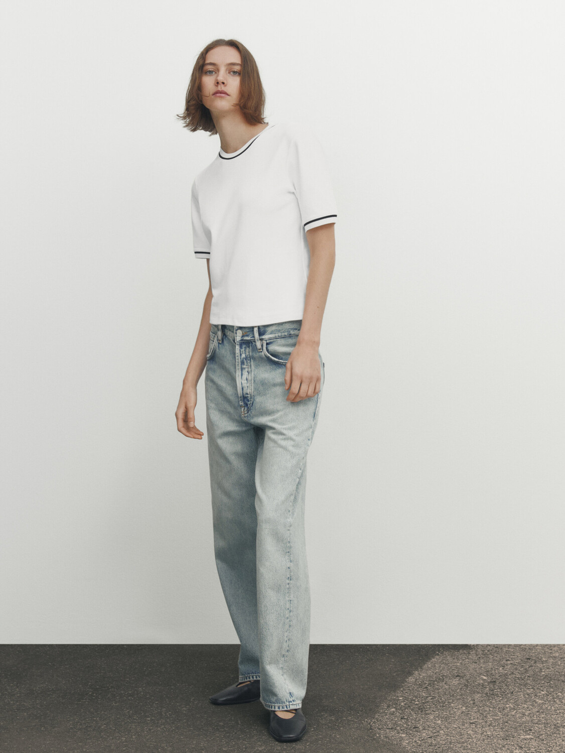

Контрастная футболка с коротким рукавом Massimo Dutti, кремовый, Бежевый