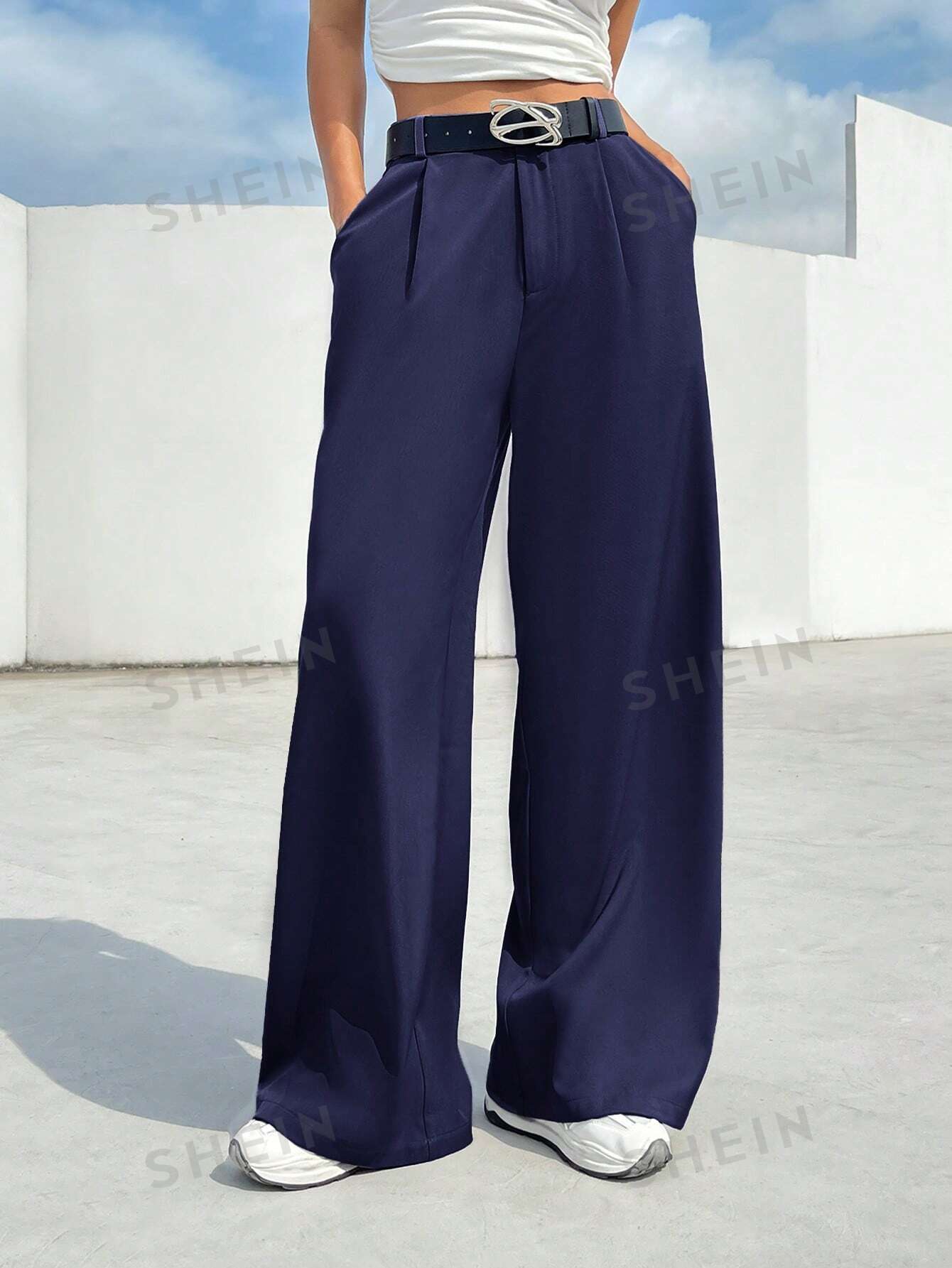 SHEIN EZwear Женские тканые широкие брюки со складками и складками, темно-синий shein ezwear женские тканые широкие брюки со складками и складками темно серый