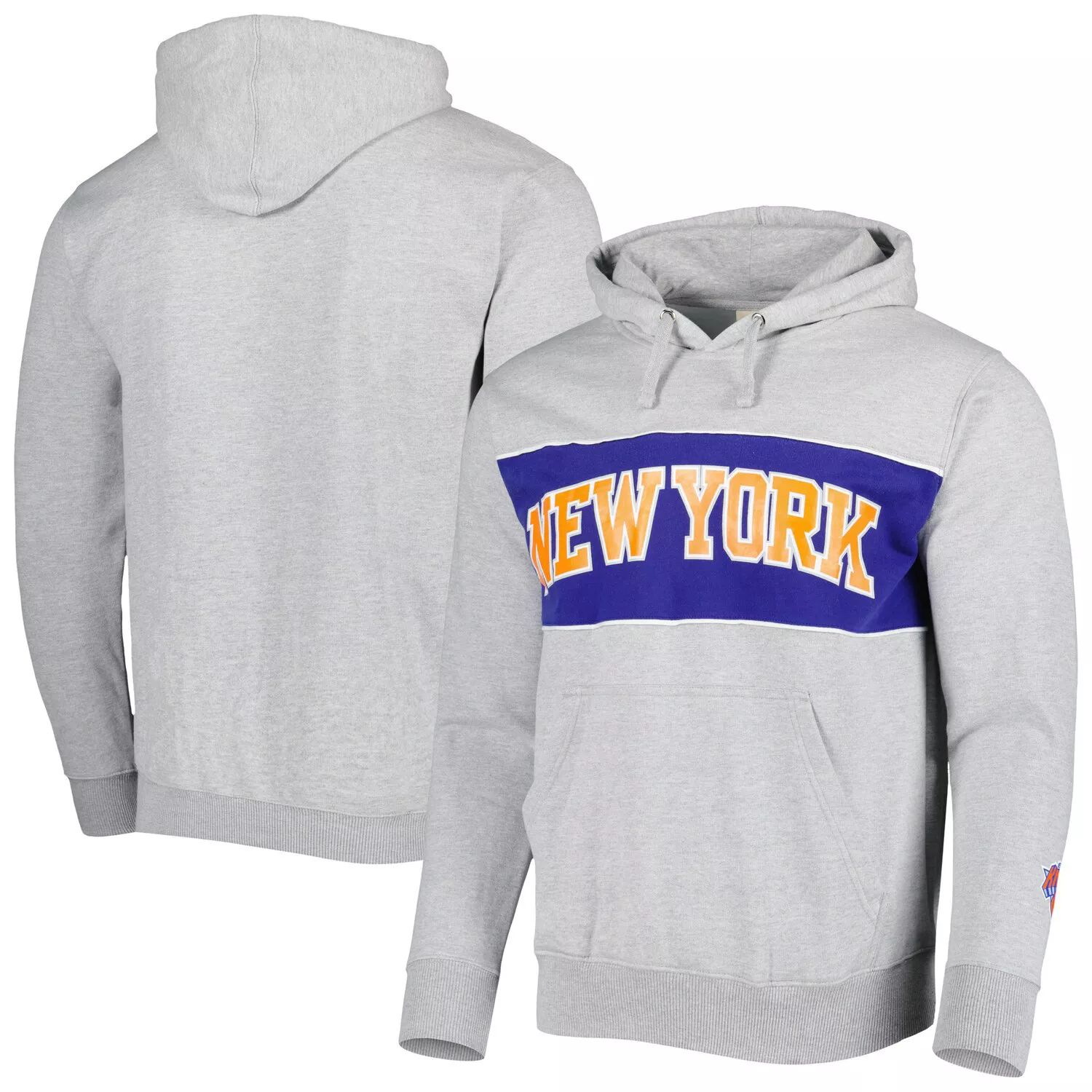 Мужской пуловер с капюшоном серого цвета Хизер Нью-Йорк Никс с надписью French Terry Fanatics