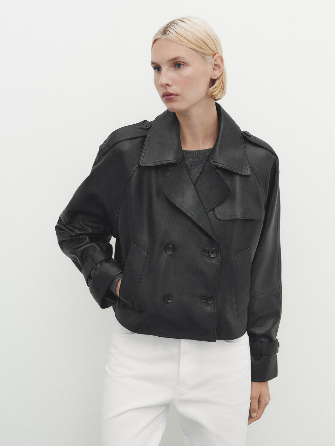 

Укороченный тренч из кожи наппа Massimo Dutti, черный