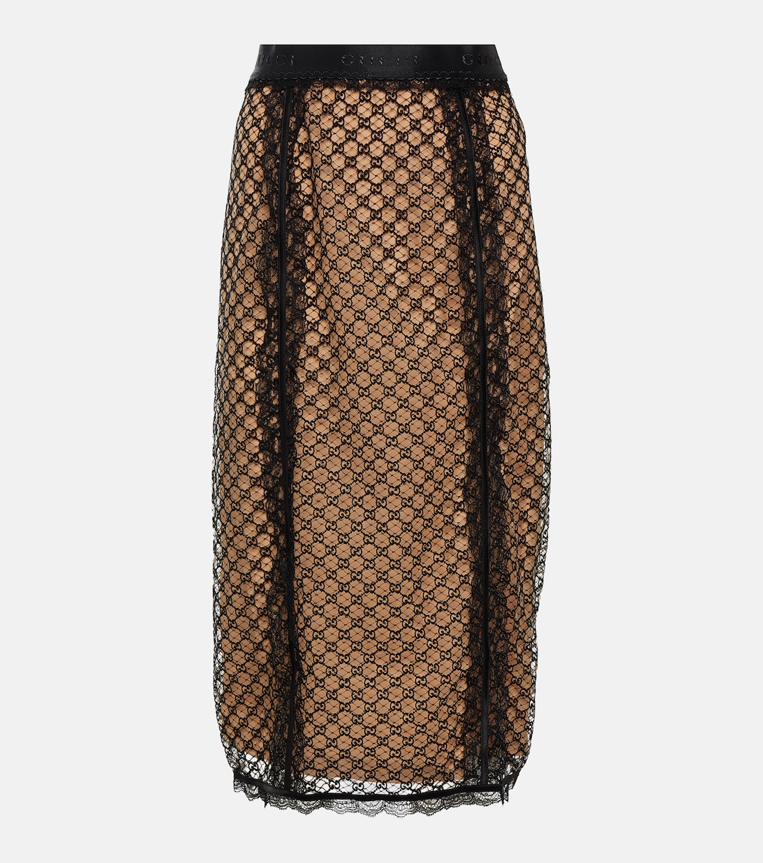 Сетчатая юбка-карандаш с узором GG и кружевом GUCCI, черный