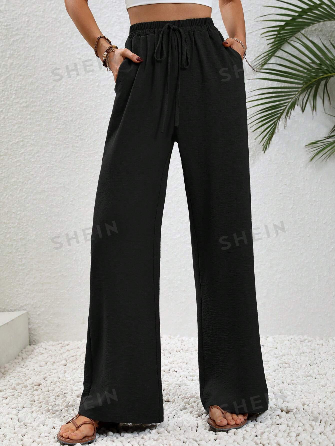 SHEIN LUNE женские однотонные длинные брюки с завышенной талией и завязками на талии и карманами, черный фото