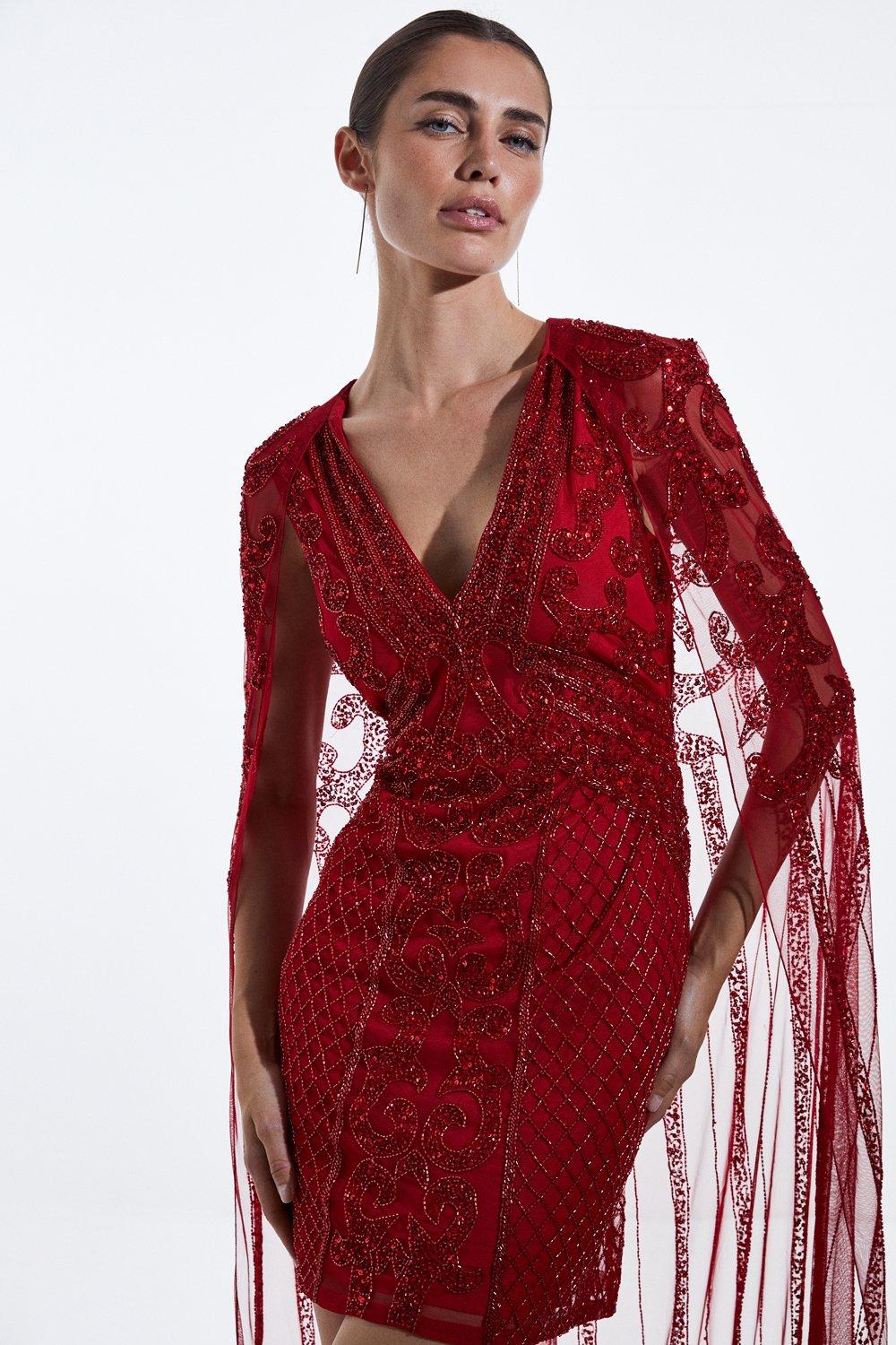 Украшенное мини-платье с накидкой Karen Millen, красный фотографии