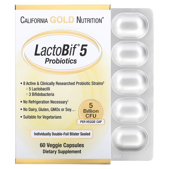 Пищевая добавка California Gold Nutrition Пробиотики LactoBif, 60 растительных капсул california gold nutrition lactobif 65 пробиотики 65 миллиардов кое 30 растительных капсул