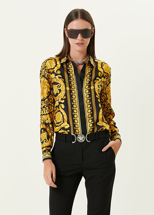 

Черная золотая шелковая рубашка с классическим воротником и узором Versace