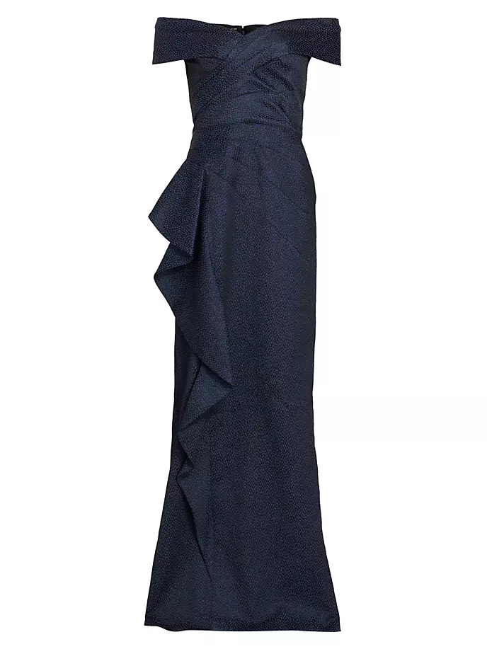цена Каскадное платье с открытыми плечами металлик Teri Jon By Rickie Freeman, черный