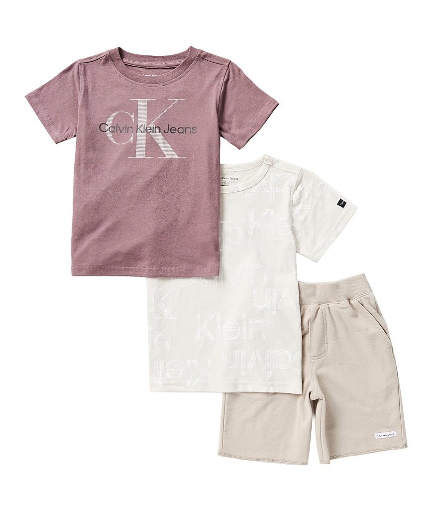 

Комплект из трех предметов: футболка с короткими рукавами с логотипом Calvin Klein Little Boys 2T-7 и саржевые шорты, бежевый