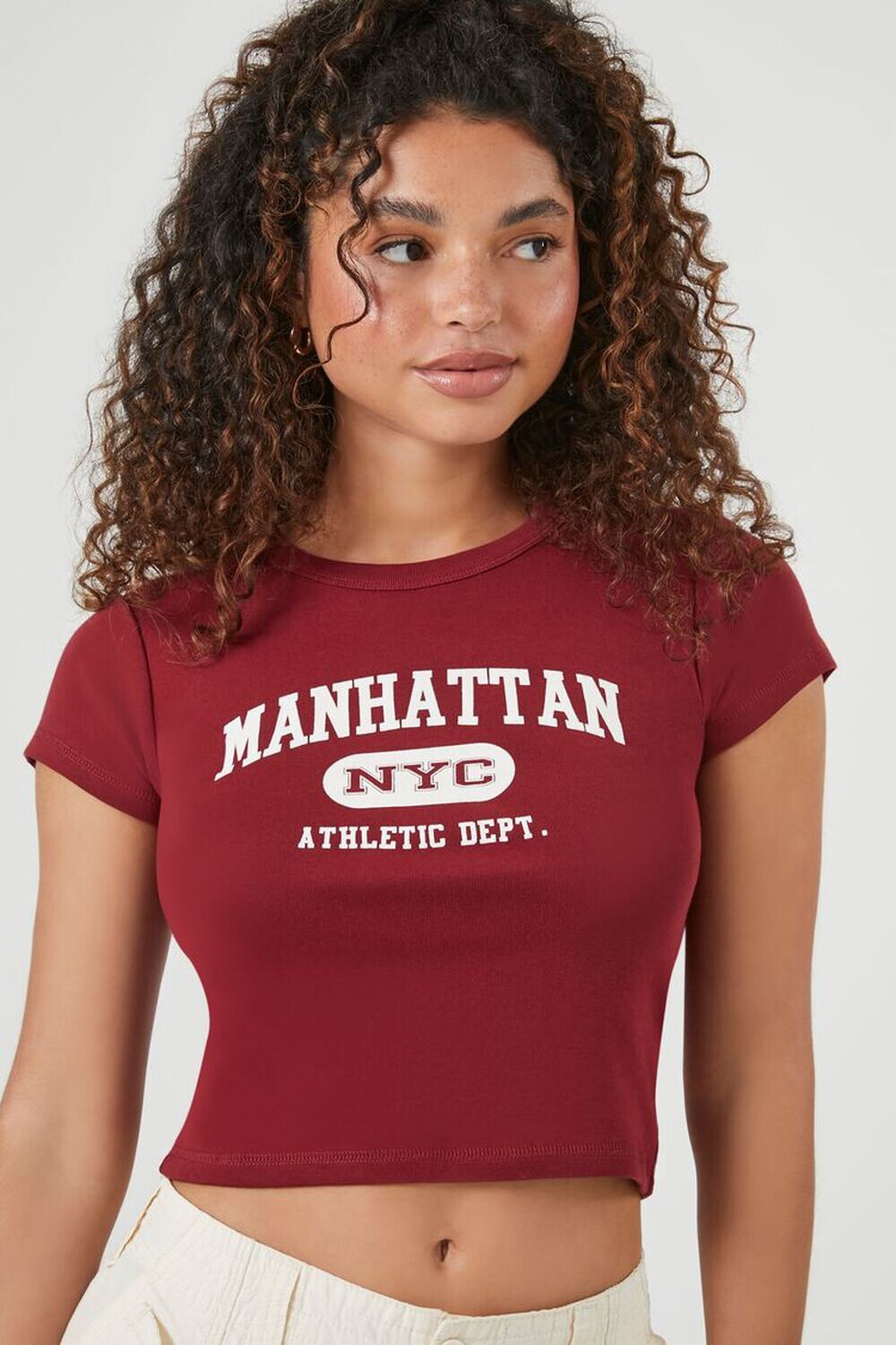 

Укороченная футболка с рисунком Manhattan Forever 21, бордовый, Красный