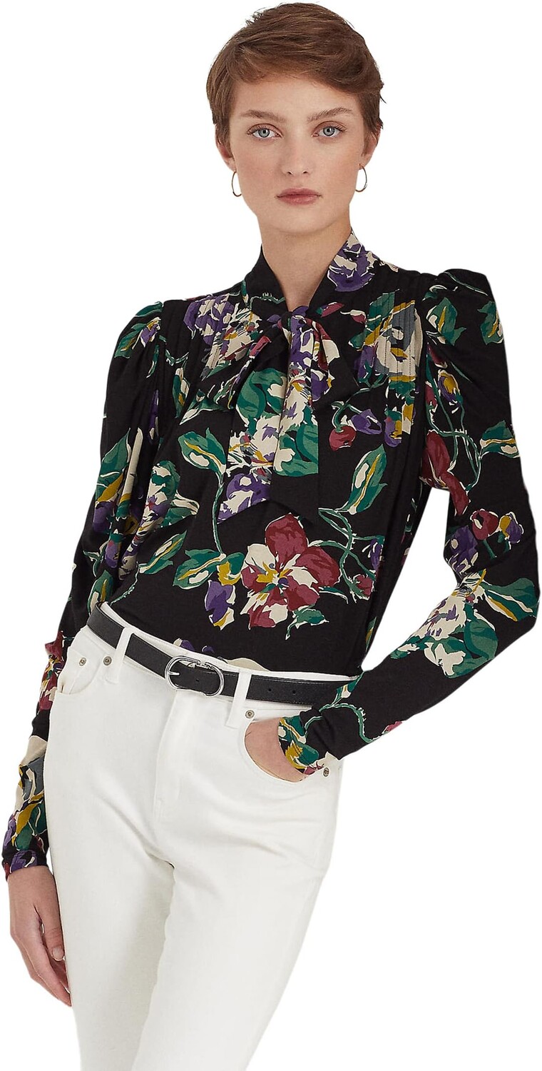 

Плиссированный трикотажный топ Petite с завязкой на воротнике и цветочным принтом LAUREN Ralph Lauren, цвет Black Multi