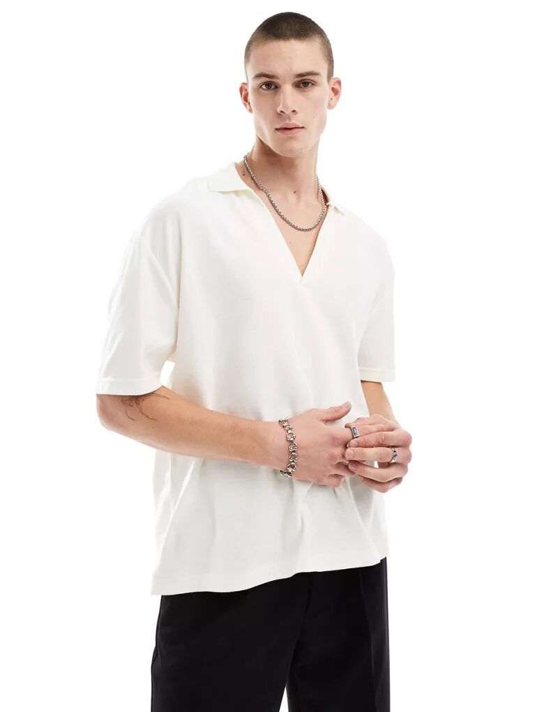 Бежевая рубашка-поло оверсайз с воротником с лацканами ASOS бежевая рубашка с вафельным воротником asos