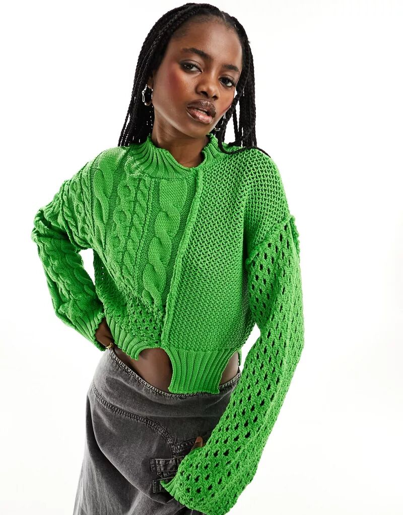 

Зеленый укороченный свитер смешанной вязки с переплетенными деталями ASOS