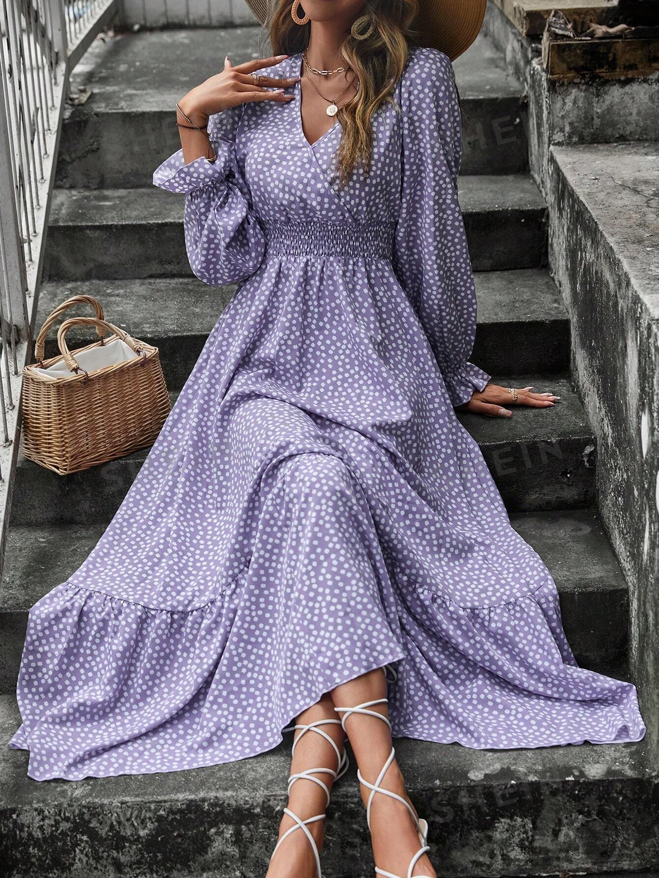SHEIN LUNE Женское платье миди с запахом на талии и растительным принтом, фиолетовый